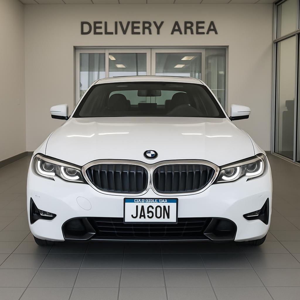 A BMW car in a showroom, Delivery Area visible, with Jason as the license plate spurting.