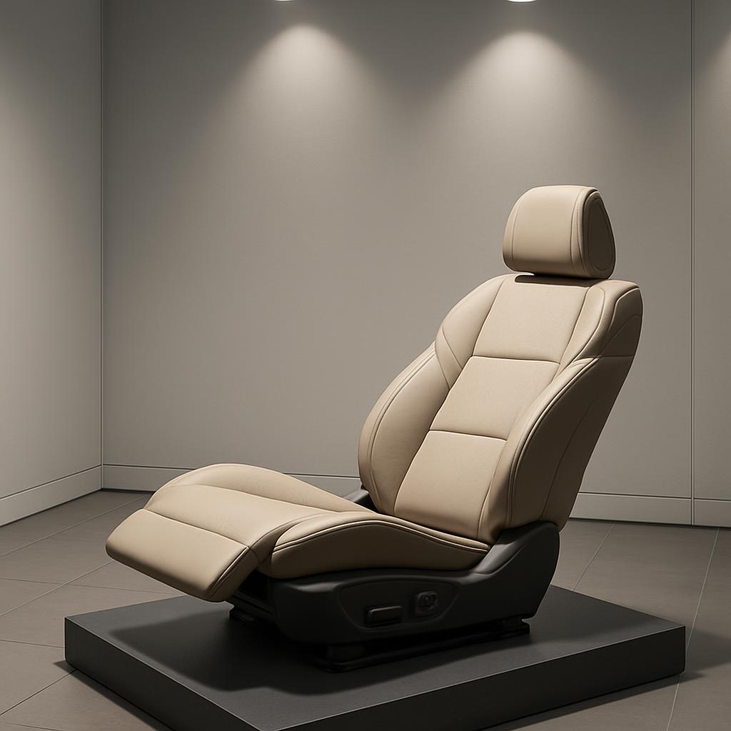 A beige reclining chair with a headrest sits on a black base in a corner of a gray room.