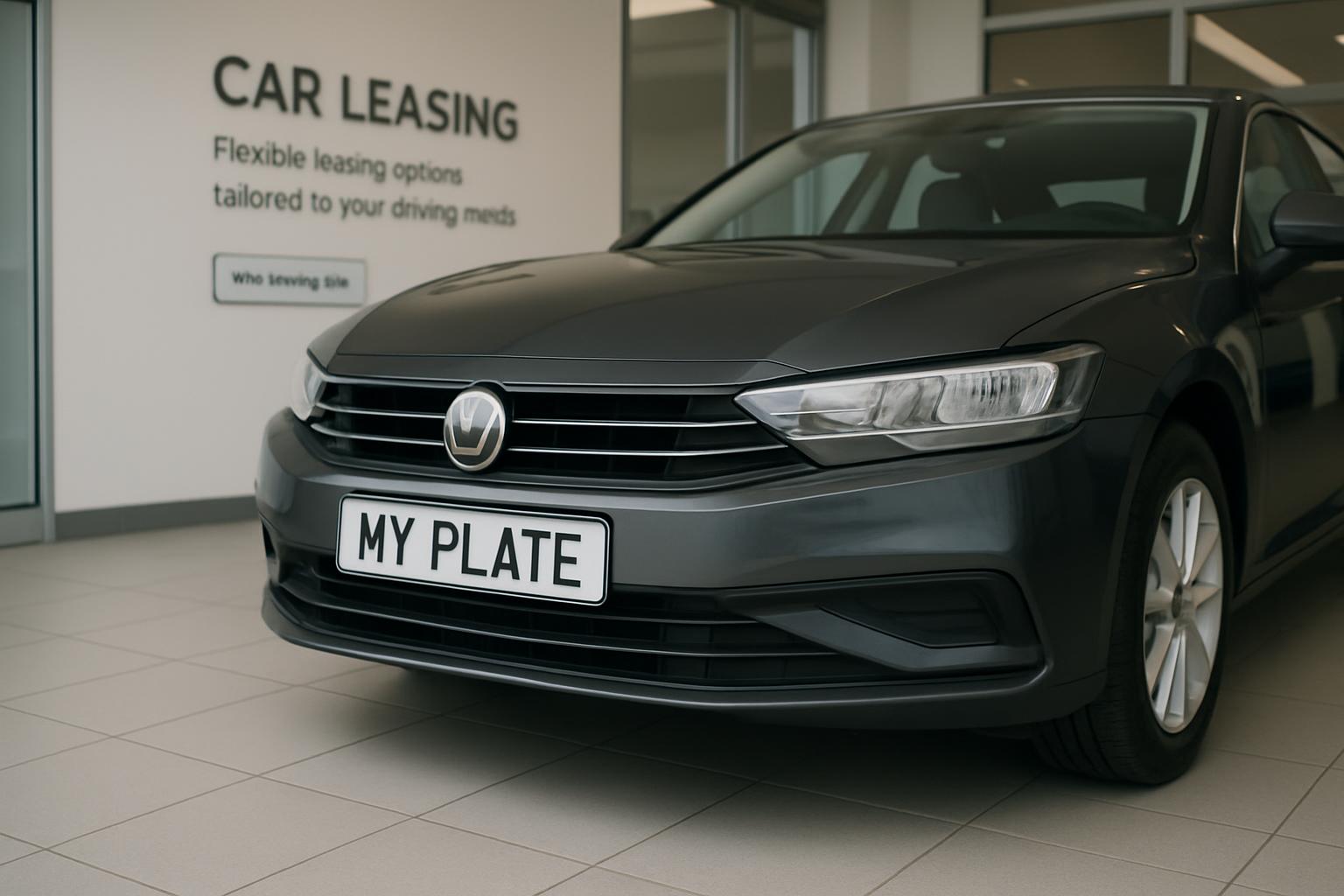 My Plate Car Leasing Sign with Car in Background, White Tile Flooring, Glass and Sliding Glass Doors.