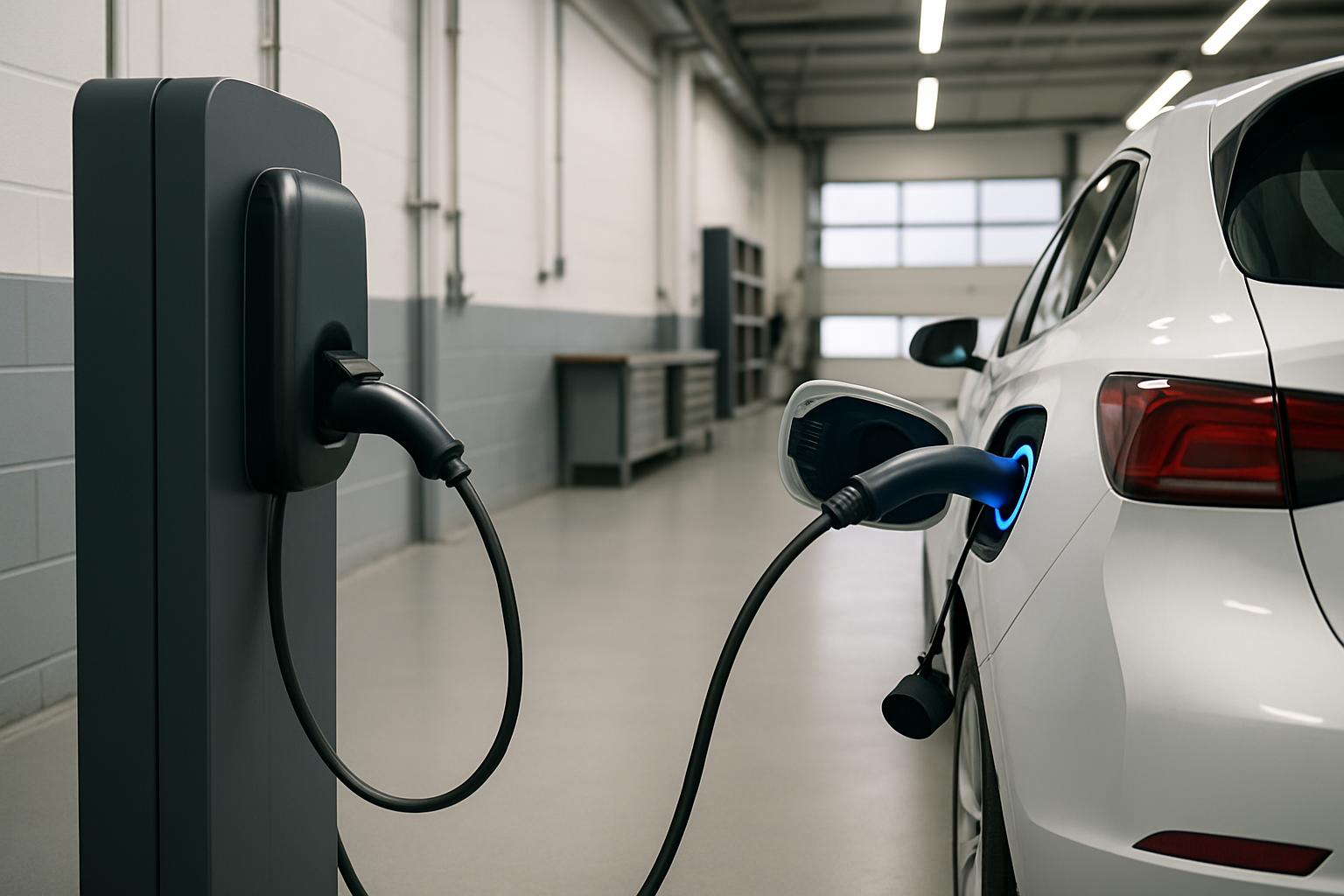 *Close up photo of an electric car charging plug being used in a charging station, a white car waits in a parking building...