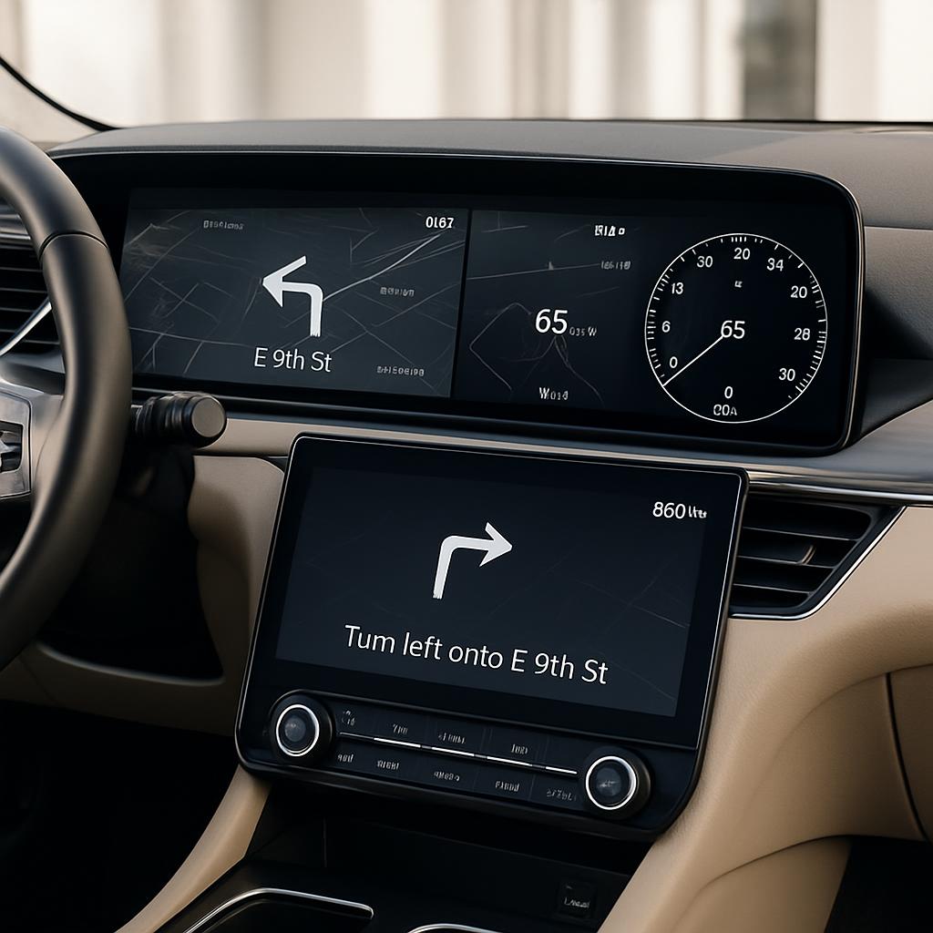 This image depicts a modern car dashboard with an infotainment system, showcasing three displays and a steering wheel. The...