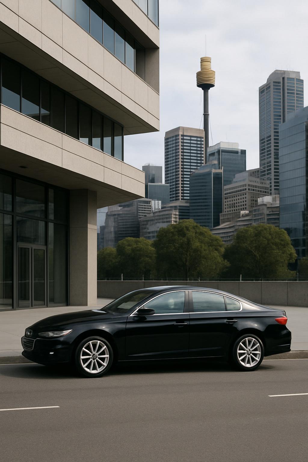 A city street scene with a black car parked on the side of the road, set against the backdrop of skyscrapers.