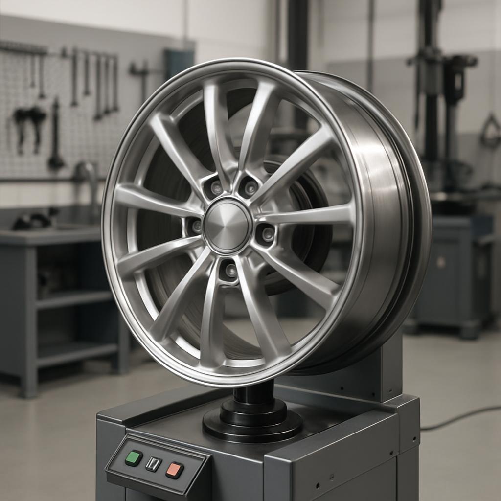A close-up of a silver metal wheel displayed on a unit in a workshop. The rear face of a gray metal wheel showcase, with a...