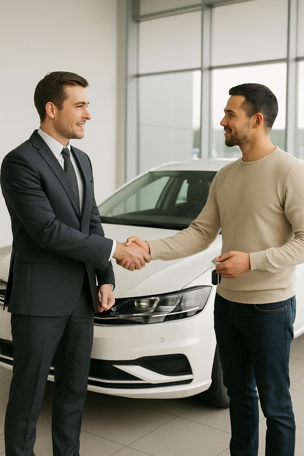Men shaking hands, front of white car