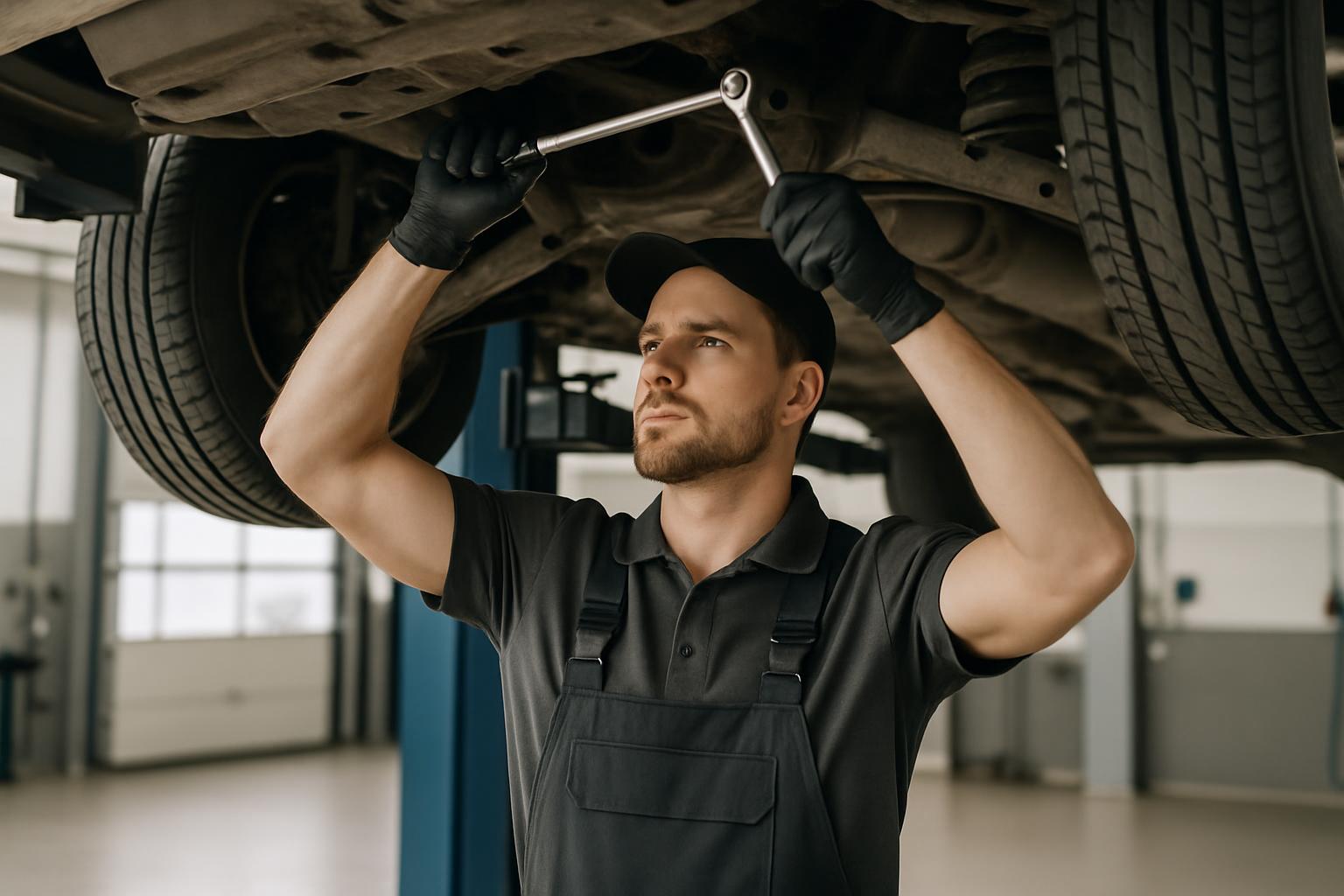 The man in the image is a mechanic working on a vehicle's underside. He is wearing black gloves and uniform and using a wr...